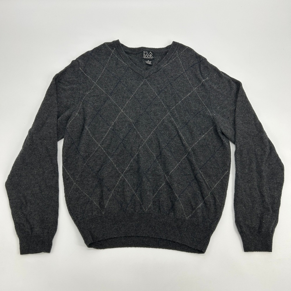 Jos A Bank Sweater Men's Medium Gray Argyle‎ Lambswool Blend V-Neck
